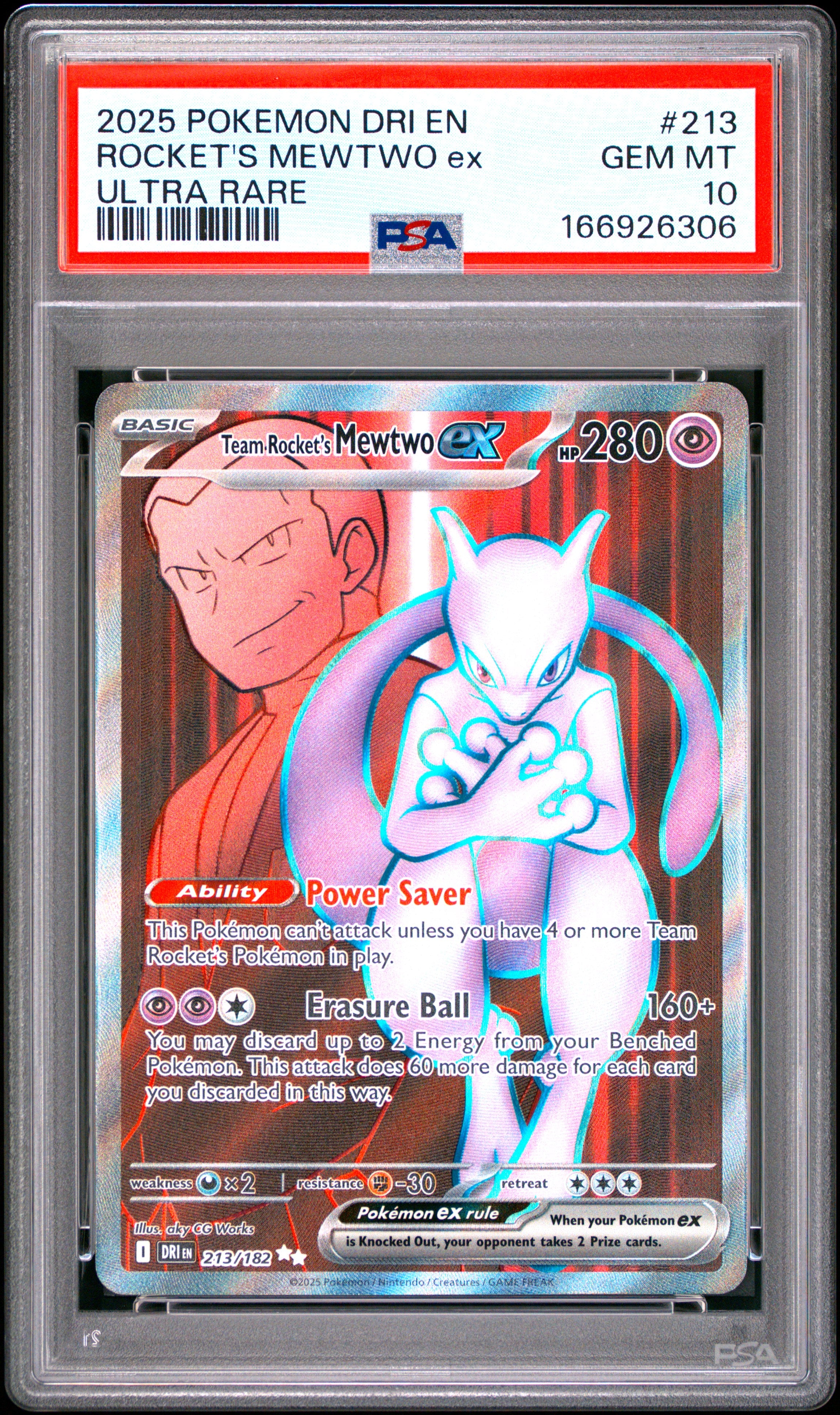 Team Rocket's Mewtwo EX 213/182 Ultra Rare Dri En-Destined Rivals Pokemon PSA 10