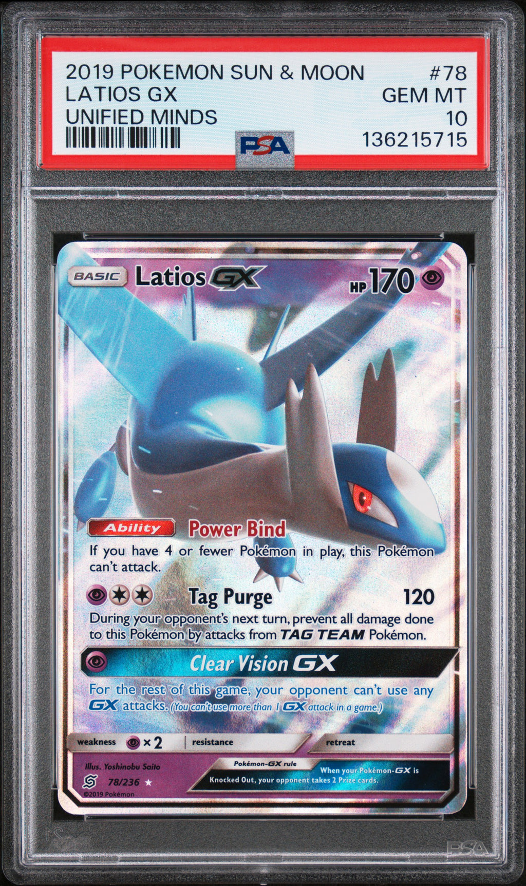 Latios Gx 78/236 Unified Minds Pokemon PSA 10