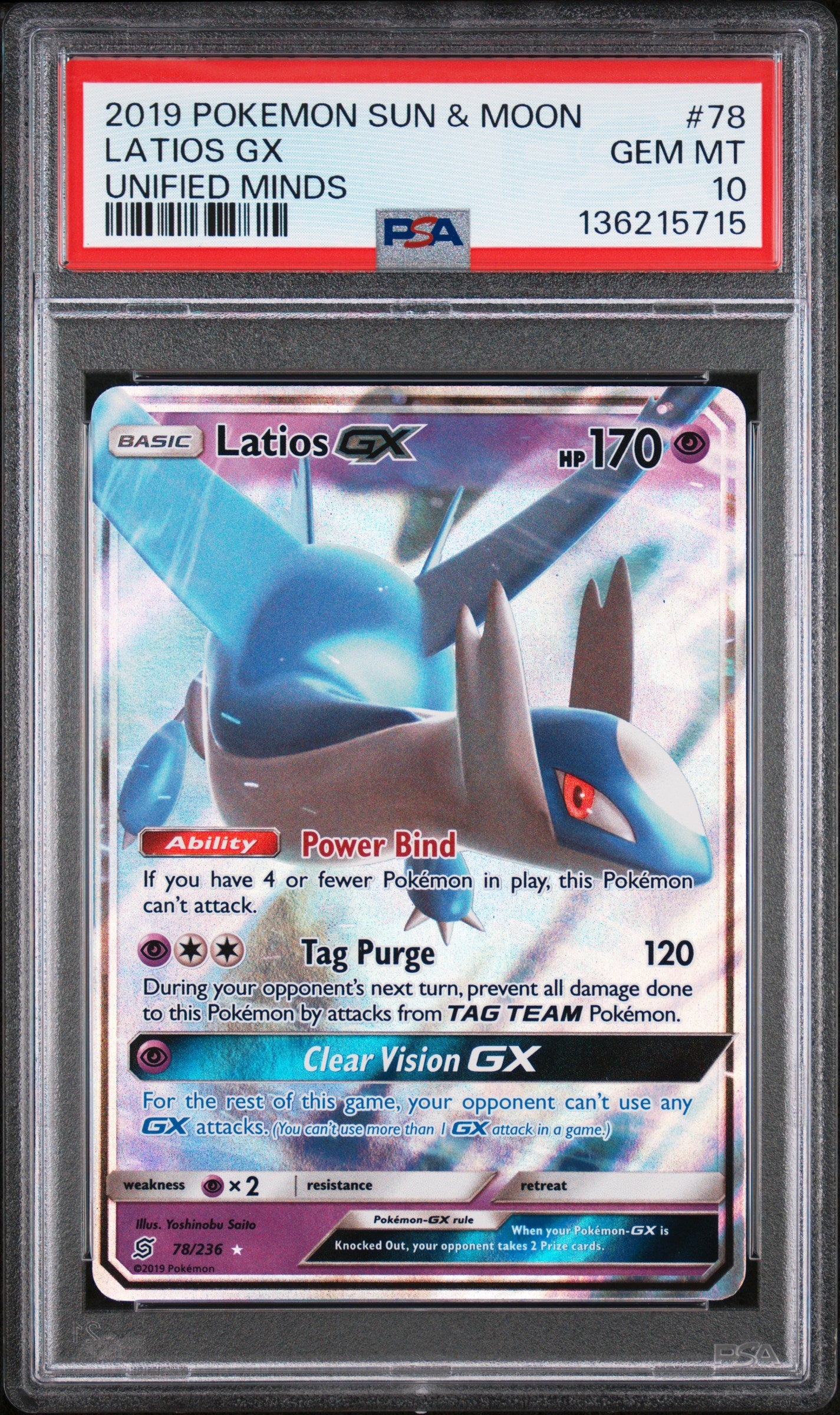 Latios Gx 78/236 Unified Minds Pokemon PSA 10