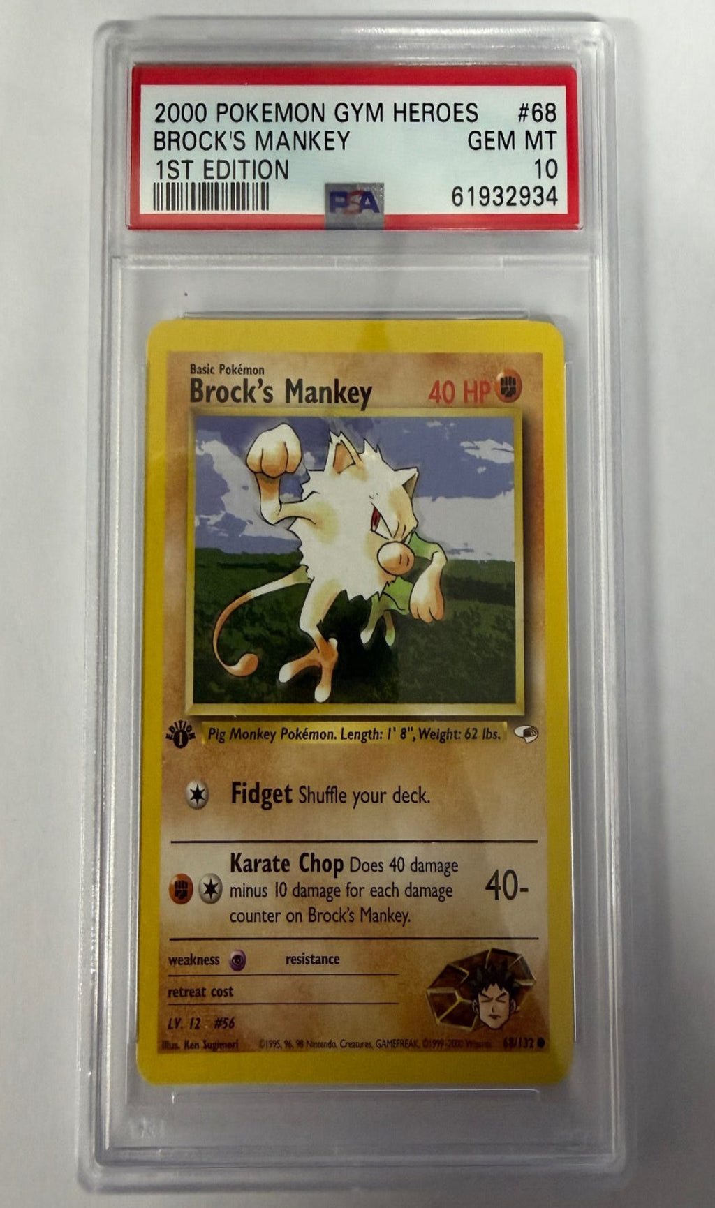 Brock's Mankey 68/132 1st Edition Gym Heroes Pokemon PSA 10