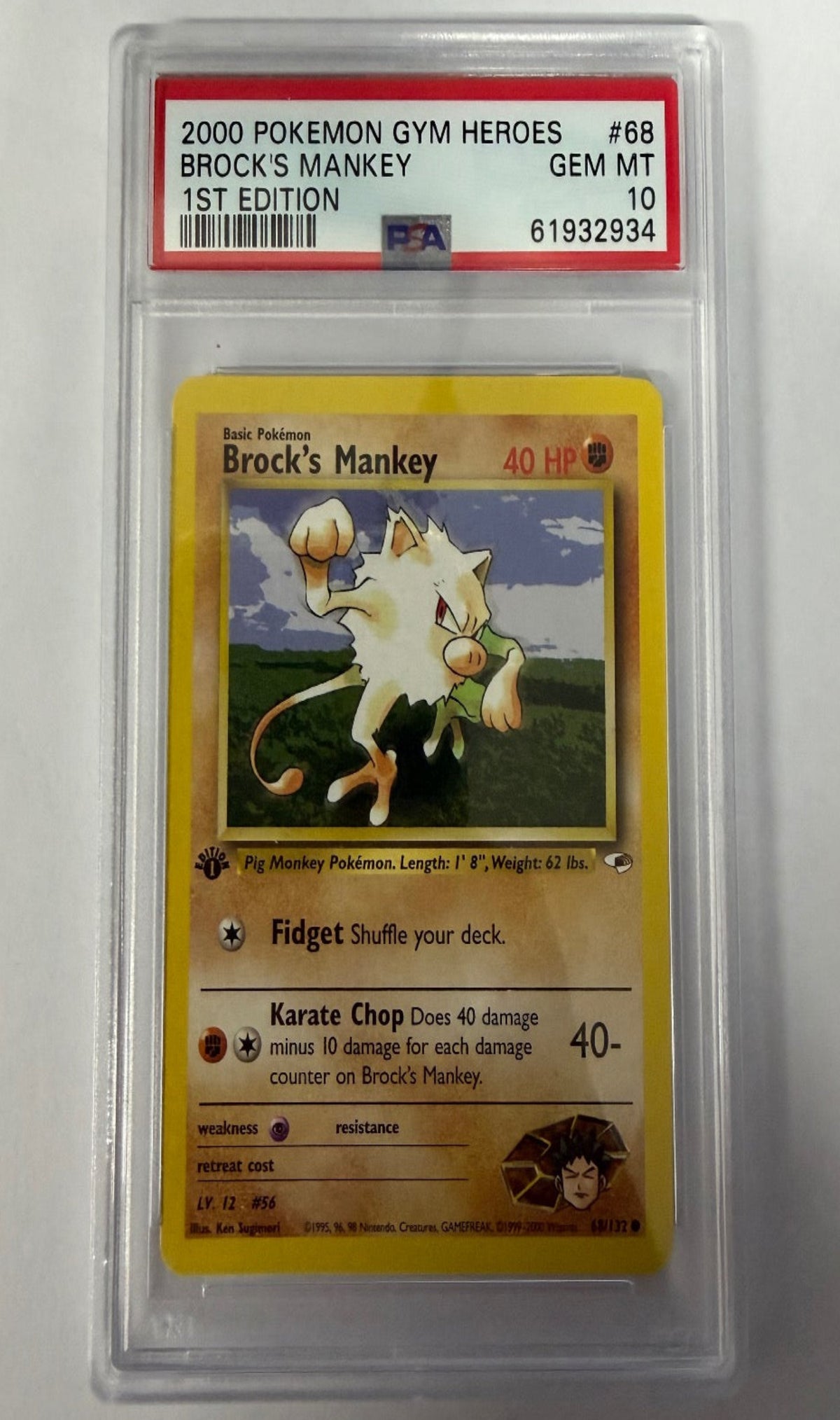 Brock's Mankey 68/132 1st Edition Gym Heroes Pokemon PSA 10