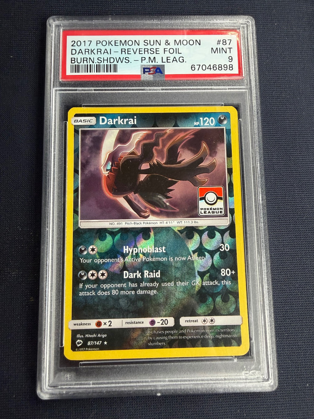 Darkrai Reverse Holo 87/147 Pokemon League Burning Shadows Pokemon PSA 9