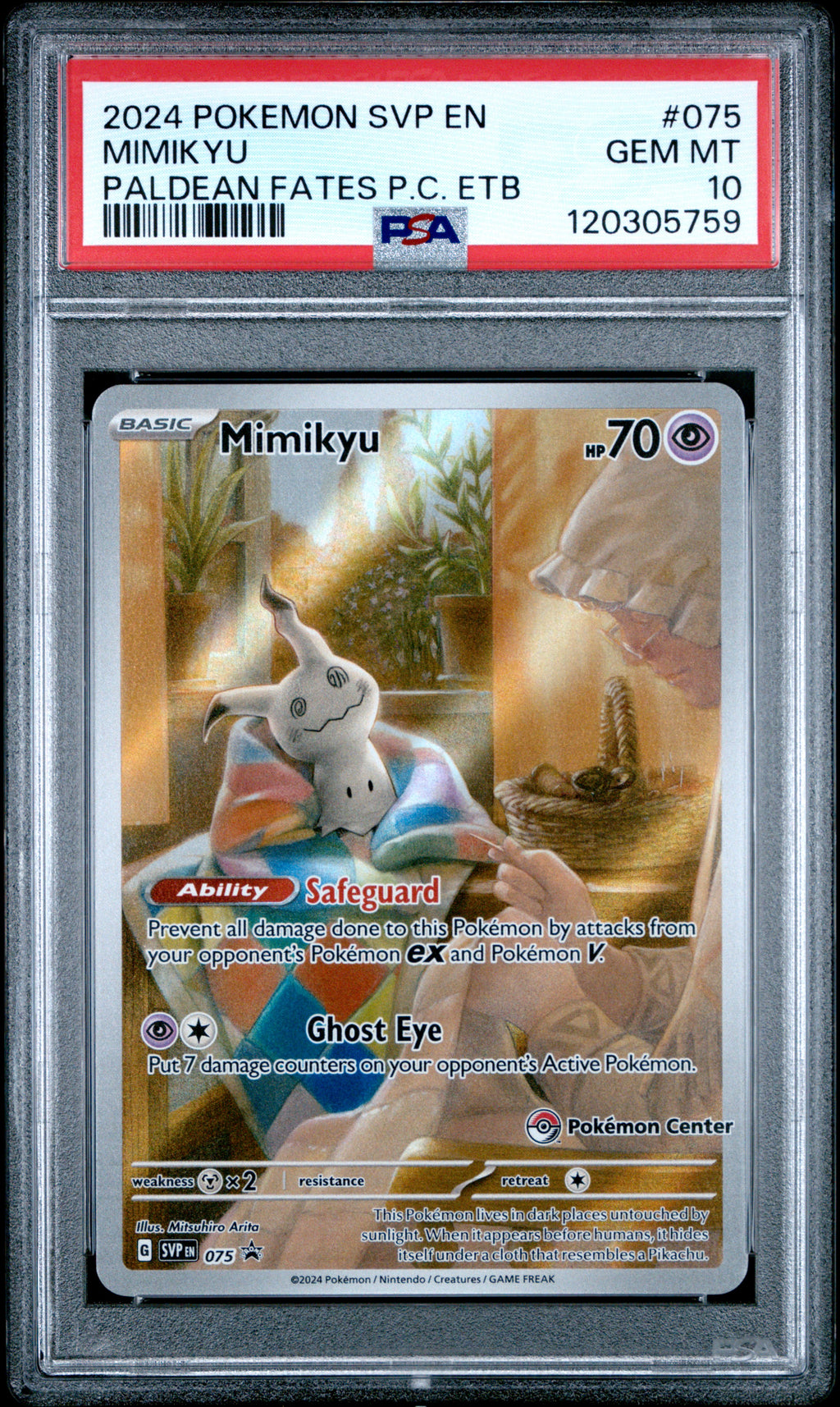 Mimikyu 075/091 Paldean Fates Pokemon Center Elite Trainer Box Pokemon PSA 10