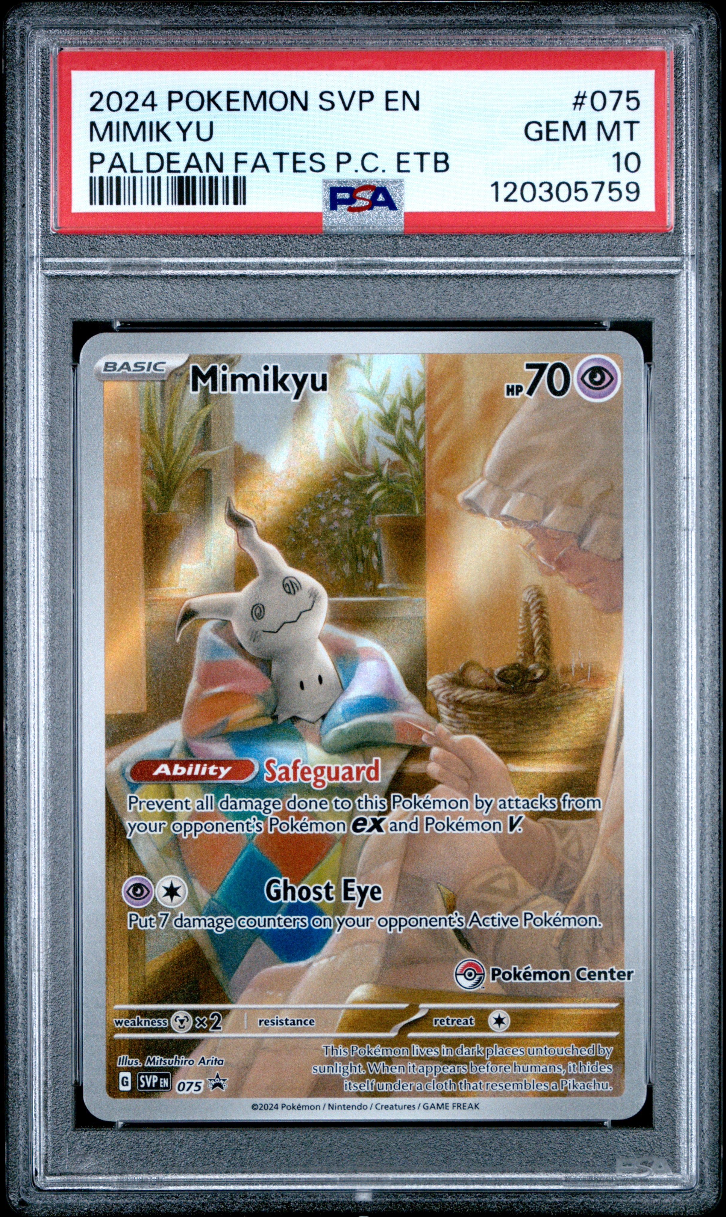 Mimikyu 075/091 Paldean Fates Pokemon Center Elite Trainer Box Pokemon PSA 10