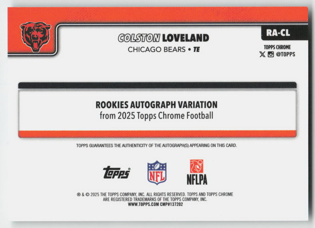 NFL - Colston Loveland Teal Refractor Auto RC